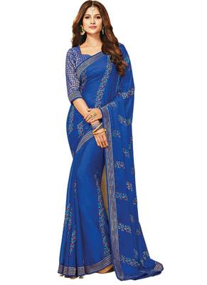 Blue embroidered chiffon saree with blouse 1