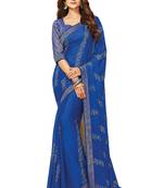 Blue embroidered chiffon saree with blouse