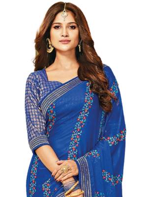 Blue embroidered chiffon saree with blouse 2