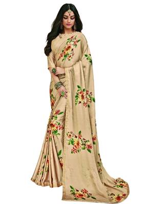 Beige printed satin saree with blouse 1