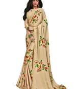 Beige printed satin saree with blouse