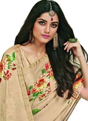 Beige printed satin saree with blouse 2
