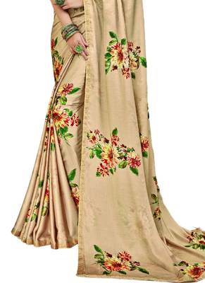 Beige printed satin saree with blouse 3
