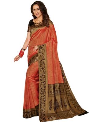 Orange printed art silk saree with blouse 1