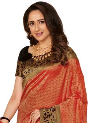Orange printed art silk saree with blouse 2