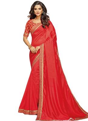 Red printed crepe saree with blouse 1