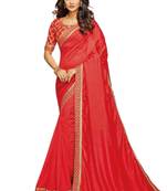 Red printed crepe saree with blouse