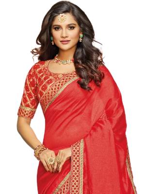 Red printed crepe saree with blouse 2