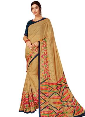 Beige printed crepe saree with blouse 1