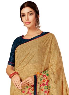 Beige printed crepe saree with blouse 2