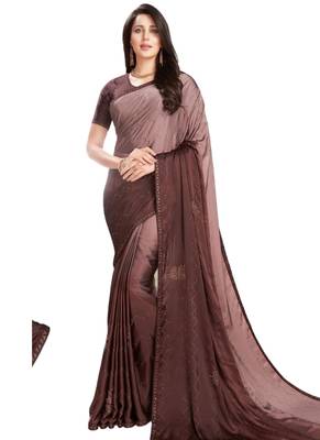 Brown printed crepe saree with blouse 1