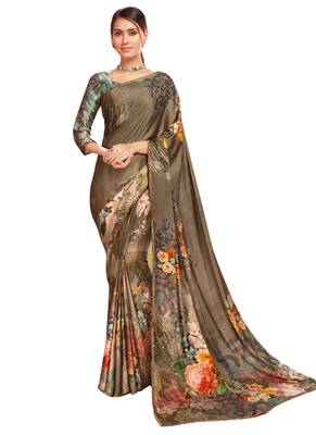 Beige printed crepe saree with blouse 1