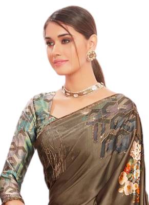 Beige printed crepe saree with blouse 2