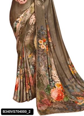 Beige printed crepe saree with blouse 3
