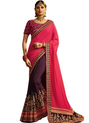 Purple  embroidered satin saree with blouse 1