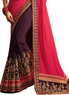 Purple  embroidered satin saree with blouse 3