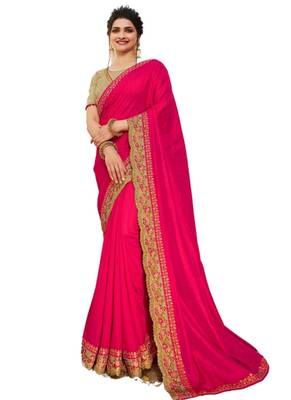Pink embroidered art silk saree with blouse 1