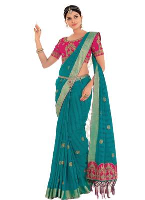 Sky blue embroidered dupion silk saree with blouse 1