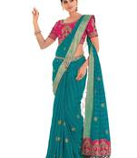 Sky blue embroidered dupion silk saree with blouse