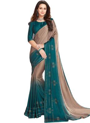 Beige printed crepe saree with blouse 1