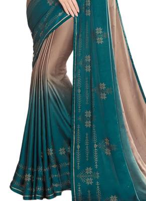Beige printed crepe saree with blouse 3