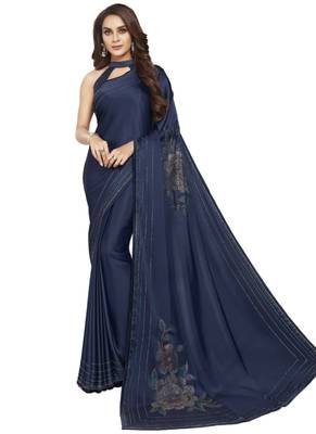 Dark blue printed satin saree with blouse 1