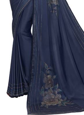 Dark blue printed satin saree with blouse 3