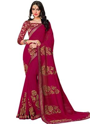 Magenta printed georgette saree with blouse 1
