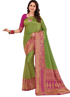 Green woven dupion silk saree with blouse 1