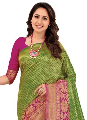 Green woven dupion silk saree with blouse 2