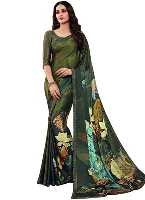 Green printed art silk saree with blouse 1