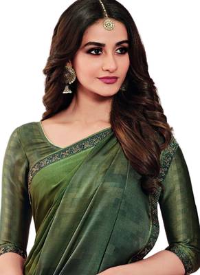 Green printed art silk saree with blouse 2