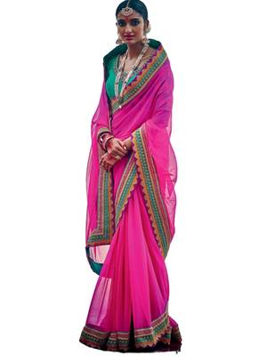 Pink printed georgette saree with blouse 1