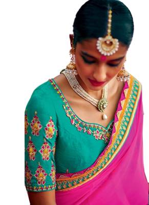 Pink printed georgette saree with blouse 2