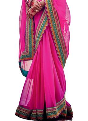 Pink printed georgette saree with blouse 3