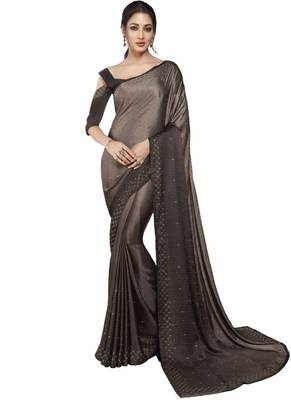 Grey printed satin saree with blouse 1