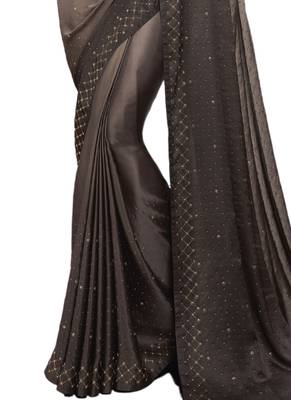 Grey printed satin saree with blouse 3