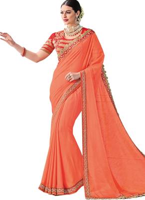Peach embroidered raw silk saree with blouse 1