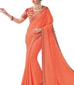 Peach embroidered raw silk saree with blouse