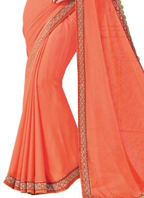 Peach embroidered raw silk saree with blouse 3