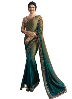 Green embroidered crepe saree with blouse 1