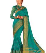 Blue printed dupion silk saree with blouse