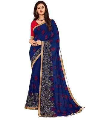 Blue embroidered crepe saree with blouse 1