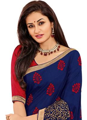 Blue embroidered crepe saree with blouse 2