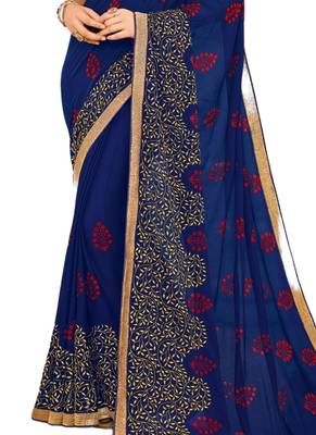 Blue embroidered crepe saree with blouse 3