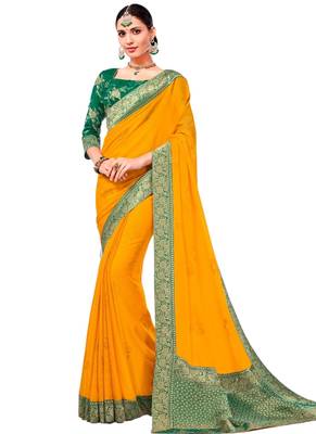 Yellow printed georgette saree with blouse 1