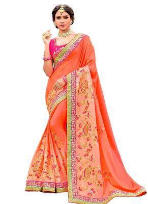 Peach embroidered satin saree with blouse 1