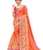 Peach embroidered satin saree with blouse