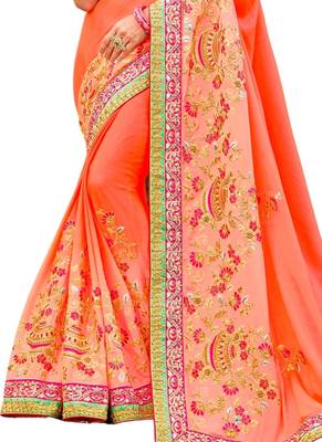 Peach embroidered satin saree with blouse 3