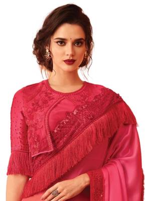 Pink embroidered art silk saree with blouse 2